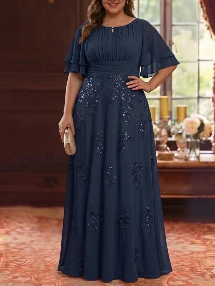 A-Line/Princess Scoop Chiffon Plus Size Mother of the Bride Dresses Sequins Floor-Length Half Sleeves