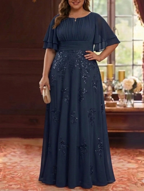 A-Line/Princess Scoop Chiffon Plus Size Mother of the Bride Dresses Sequins Floor-Length Half Sleeves