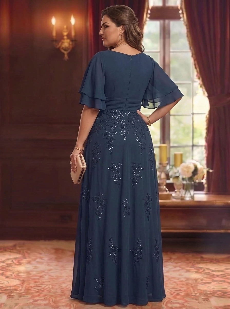 A-Line/Princess Scoop Chiffon Plus Size Mother of the Bride Dresses Sequins Floor-Length Half Sleeves