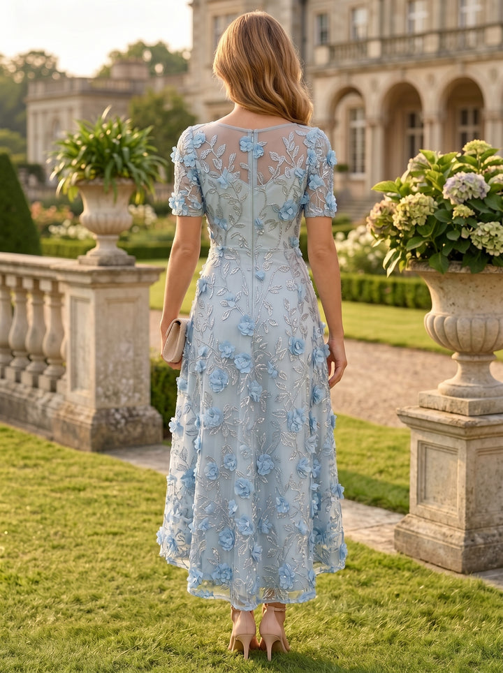 A-Line/Princess Scoop Lace Embroidery Mother of the Bride Dresses Tea-Length High-Low Short Sleeves