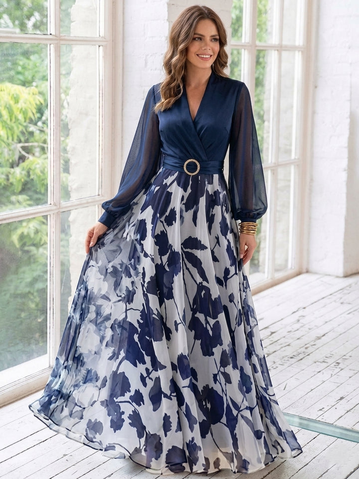 A-Line/Princess V-Neck Floral Chiffon Mother of the Bride Dresses Floor-Length Long Sleeves with Belt