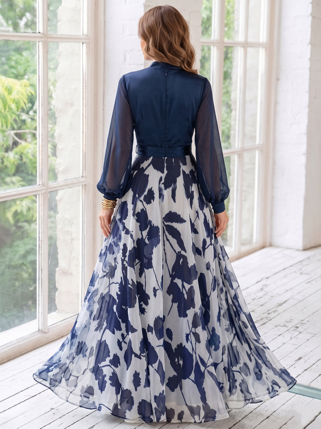 A-Line/Princess V-Neck Floral Chiffon Mother of the Bride Dresses Floor-Length Long Sleeves with Belt