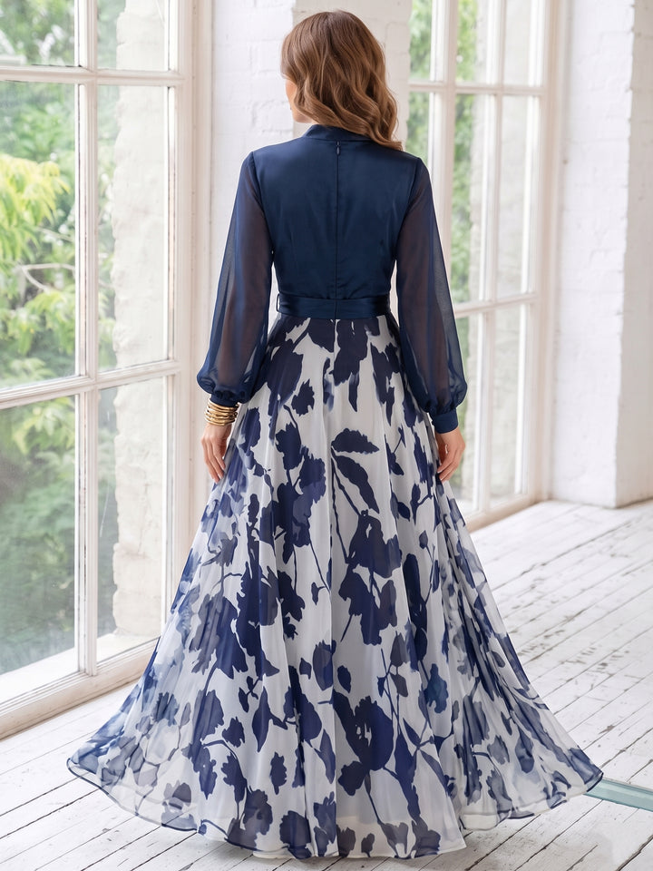 A-Line/Princess V-Neck Floral Chiffon Mother of the Bride Dresses Floor-Length Long Sleeves with Belt