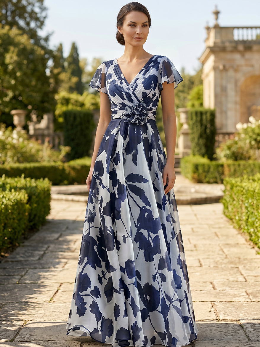 A-Line/Princess V-Neck Floral Chiffon Mother of the Bride Dresses Floor-Length Short Sleeves with 3D Flower