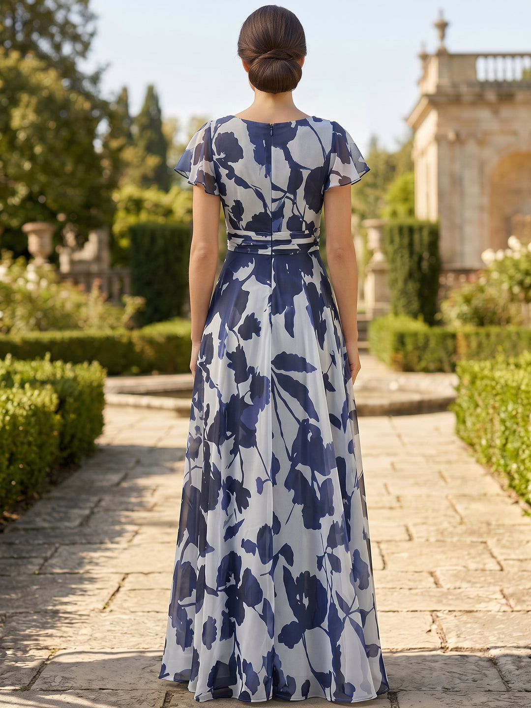 A-Line/Princess V-Neck Floral Chiffon Mother of the Bride Dresses Floor-Length Short Sleeves with 3D Flower