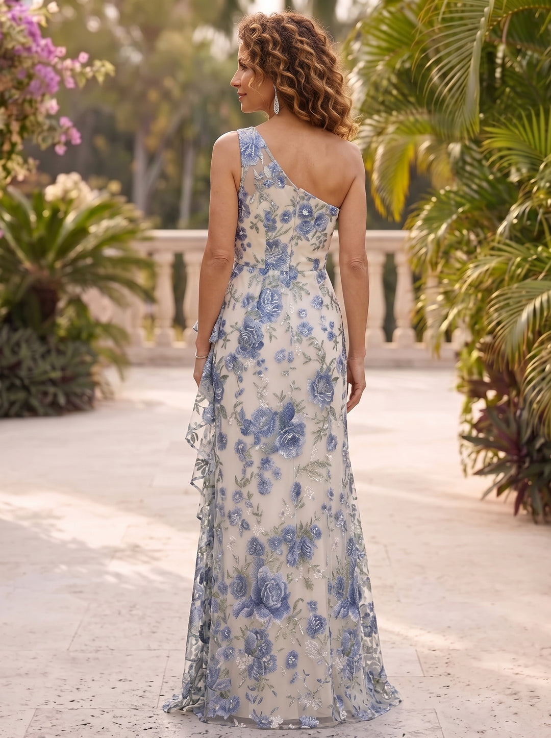 A-Line/Princess One-Shoulder Lace Embroidery Mother of the Bride Dresses Floor-Length Sleeveless Ruffles