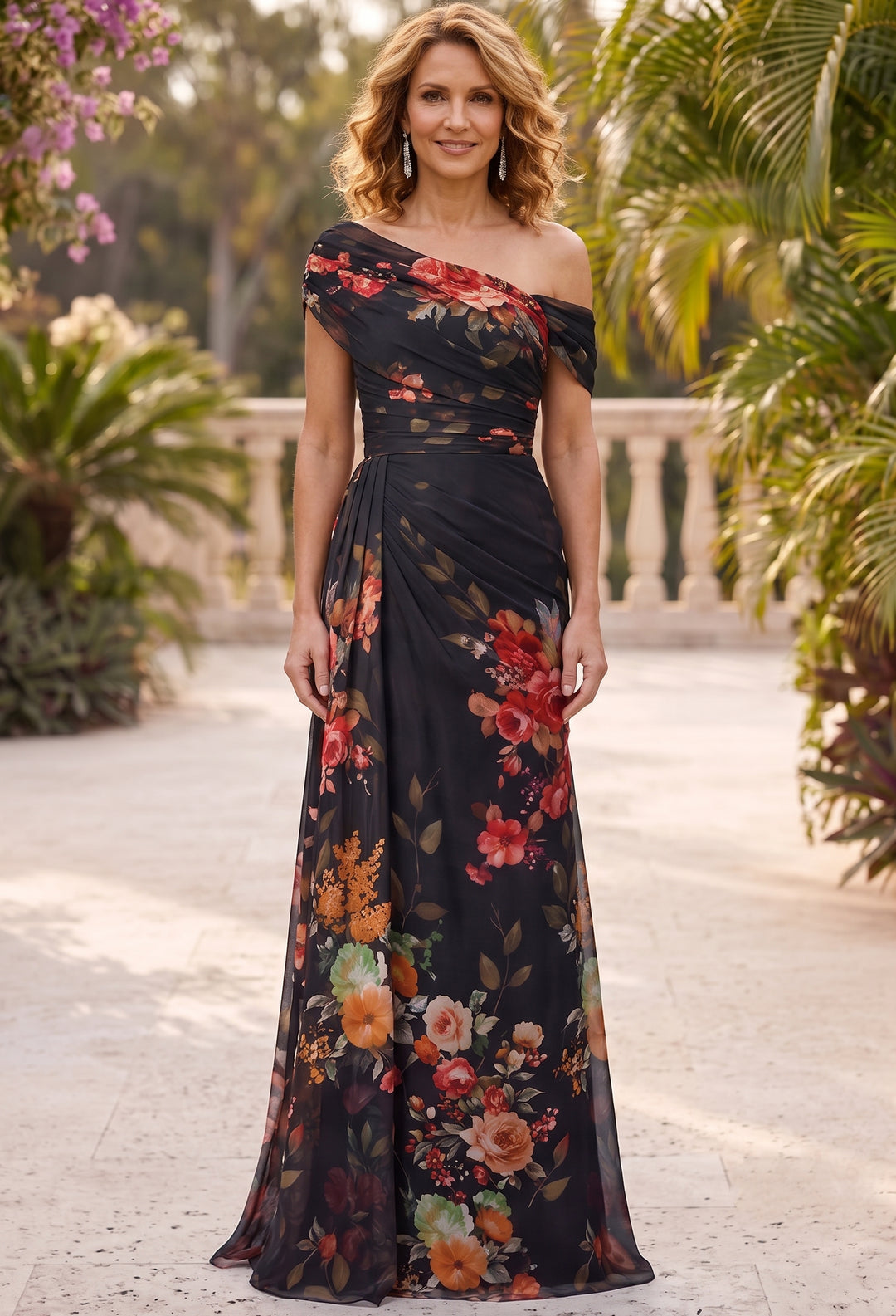 A-Line/Princess One-Shoulder Floral Chiffon Mother of the Bride Dresses Floor-Length Sleeveless