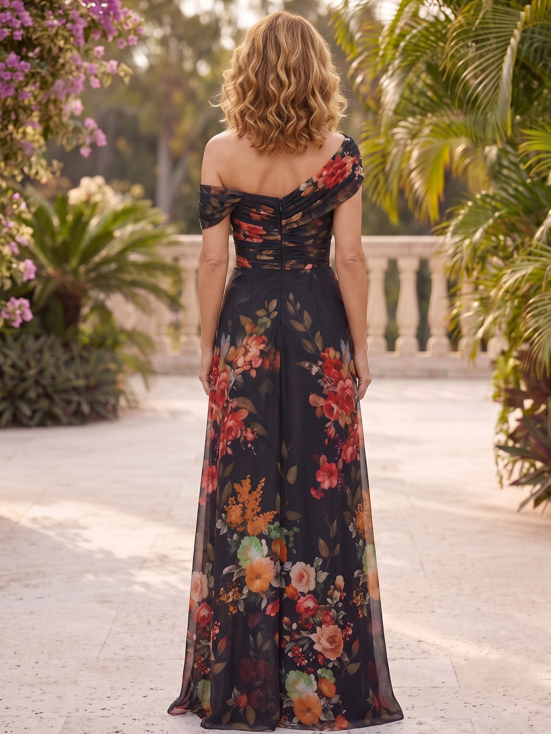 A-Line/Princess One-Shoulder Floral Chiffon Mother of the Bride Dresses Floor-Length Sleeveless