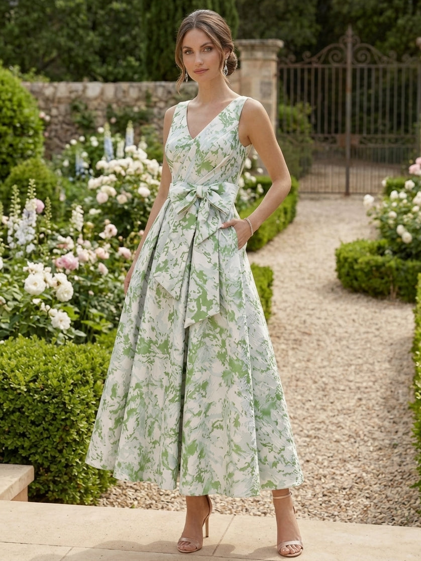 A-Line/Princess V-Neck Jacquard Cocktail Dresses Sleeveless Tea-Length Party Dresses with Bowknot