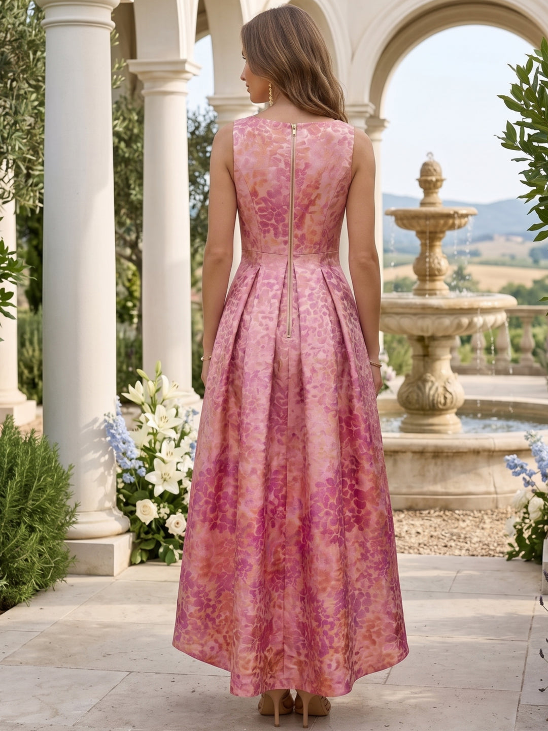 A-Line/Princess V-Neck Jacquard Cocktail Dresses Sleeveless Tea-Length Party Dresses