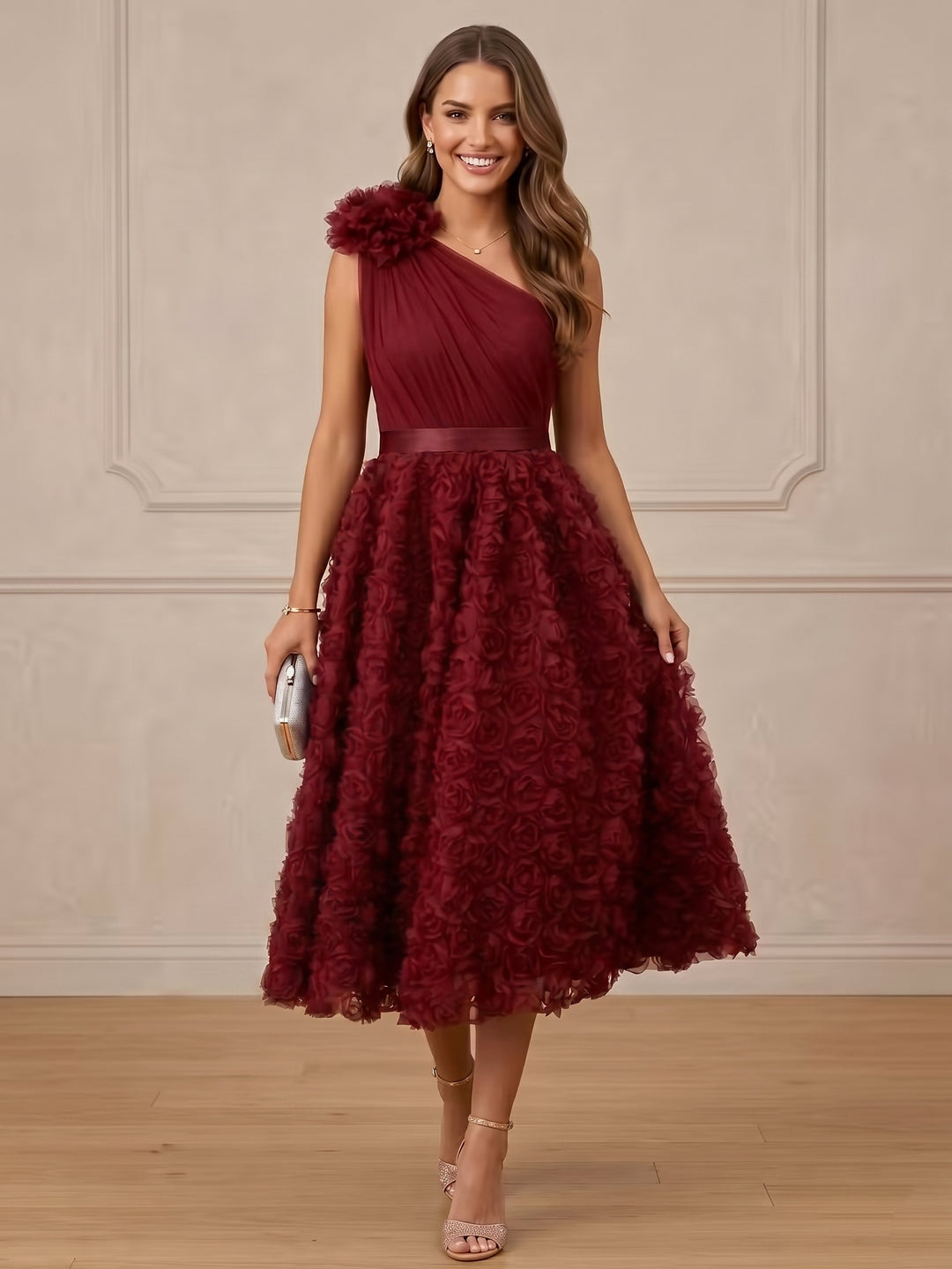 A-Line/Princess One-Shoulder Tulle Cocktail Dresses Sleeveless Tea-Length Party Dresses 3D Flowers