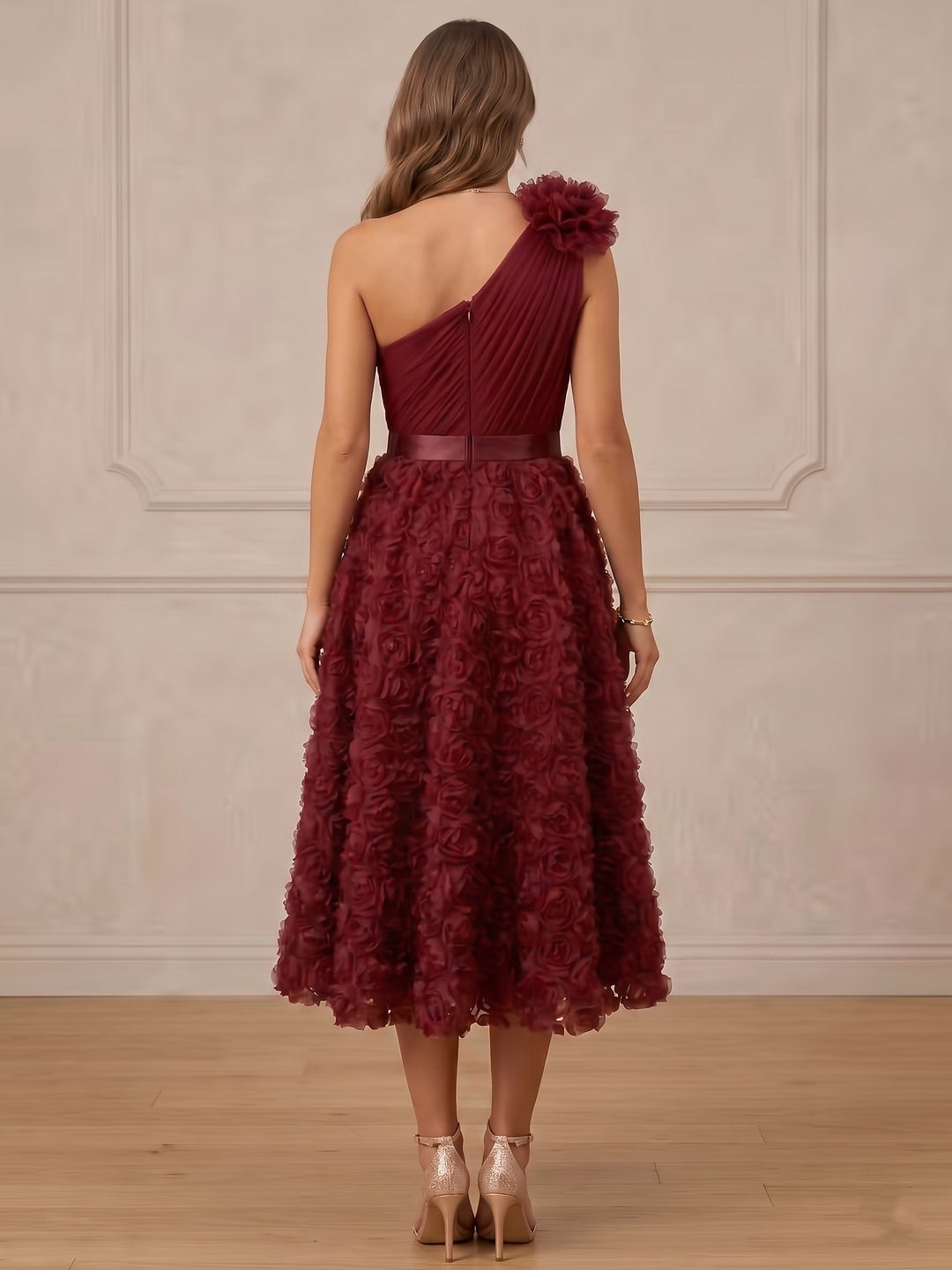 A-Line/Princess One-Shoulder Tulle Cocktail Dresses Sleeveless Tea-Length Party Dresses 3D Flowers