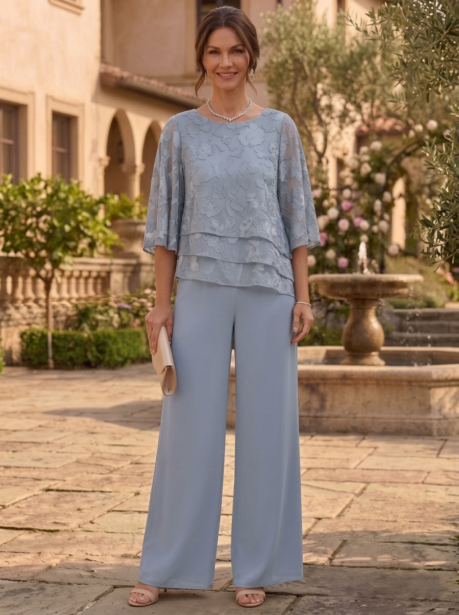 2 Pieces Suit Scoop Chiffon Mother of the Bride Pantsuits Ankle-Length  3/4 Sleeves Floral Ruffles