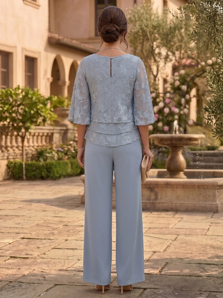2 Pieces Suit Scoop Chiffon Mother of the Bride Pantsuits Ankle-Length  3/4 Sleeves Floral Ruffles