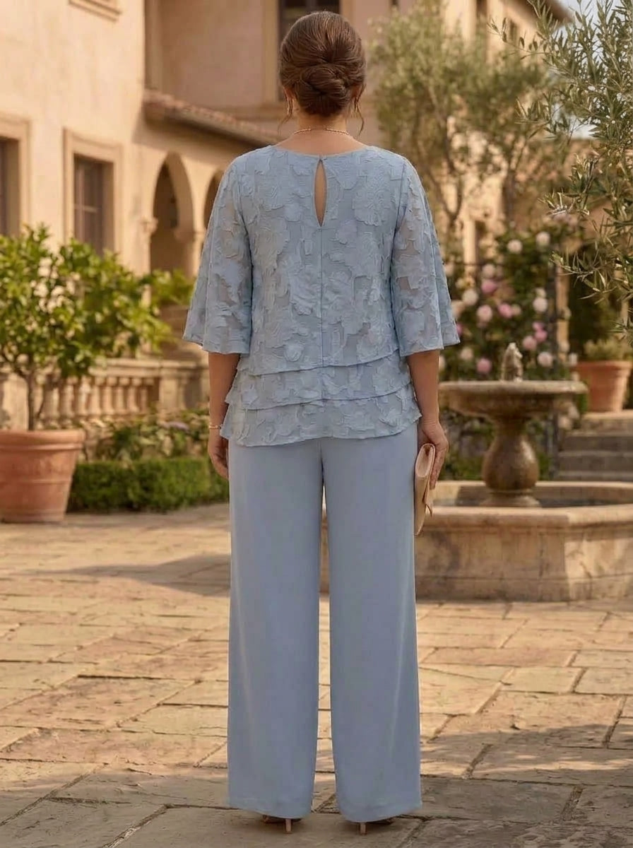 2 Pieces Suit Scoop Chiffon Plus Size Mother of the Bride Pantsuits Ankle-Length 3/4 Sleeves Floral Ruffles