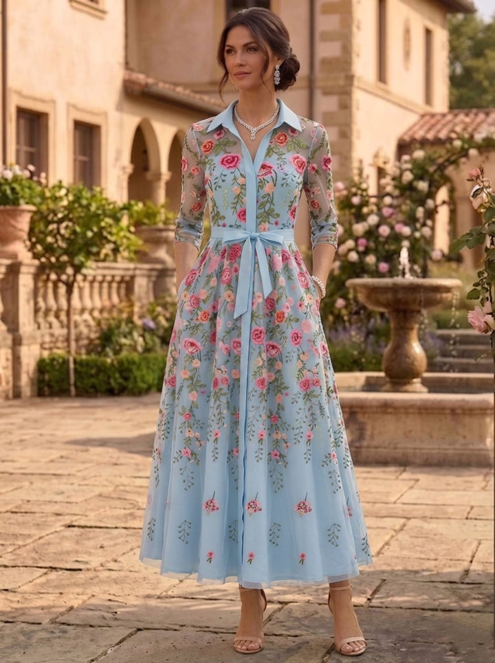 A-Line/Princess V-Neck Lace Embroidery Mother of the Bride Dresses Floral Ankle-Length 3/4 Sleeves with Belt