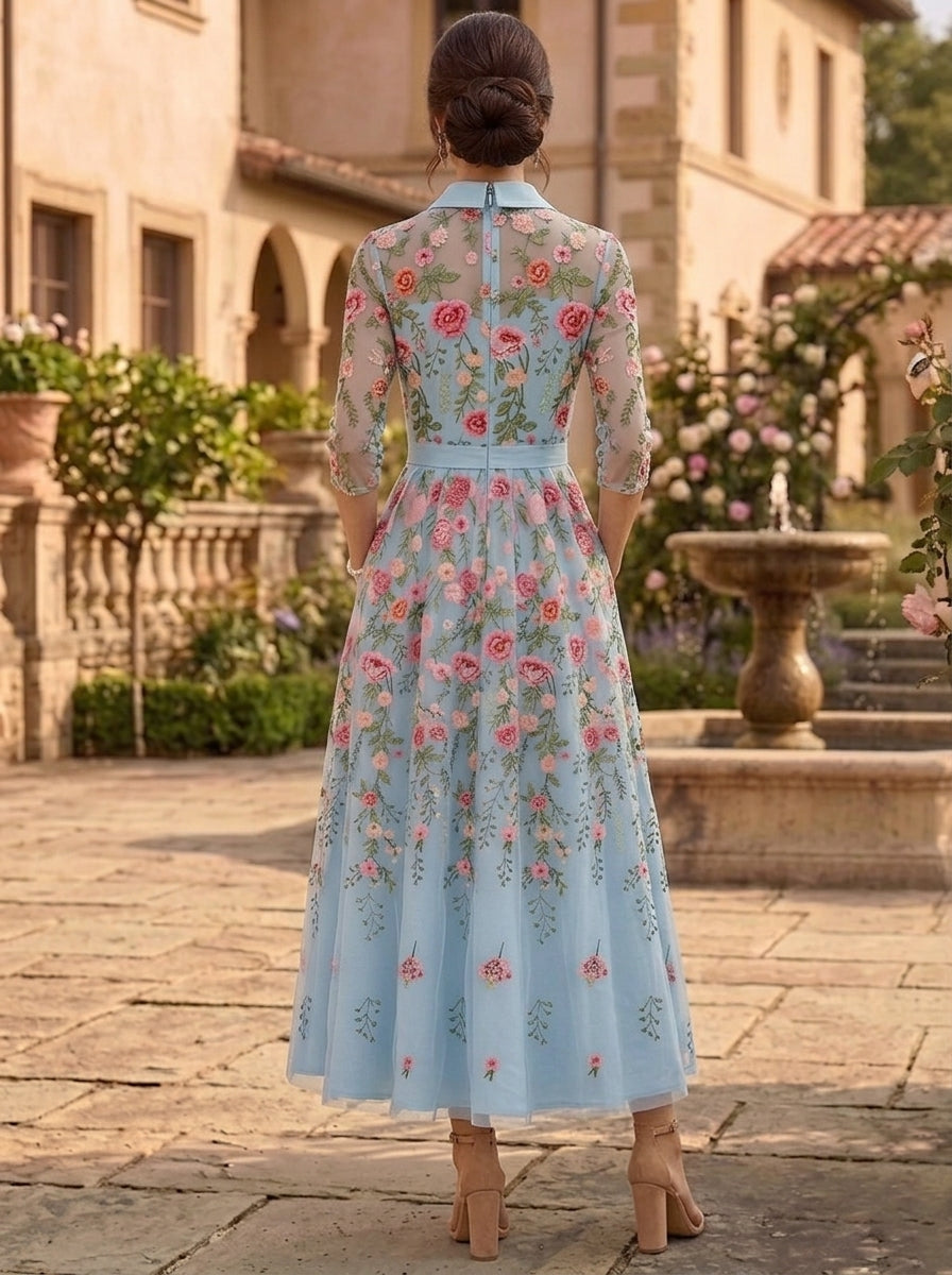 A-Line/Princess V-Neck Lace Embroidery Mother of the Bride Dresses Floral Ankle-Length 3/4 Sleeves with Belt