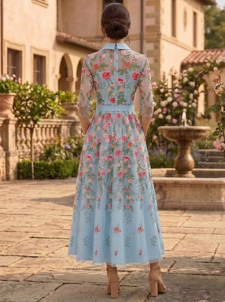 A-Line/Princess V-Neck Lace Embroidery Mother of the Bride Dresses Floral Ankle-Length 3/4 Sleeves with Belt