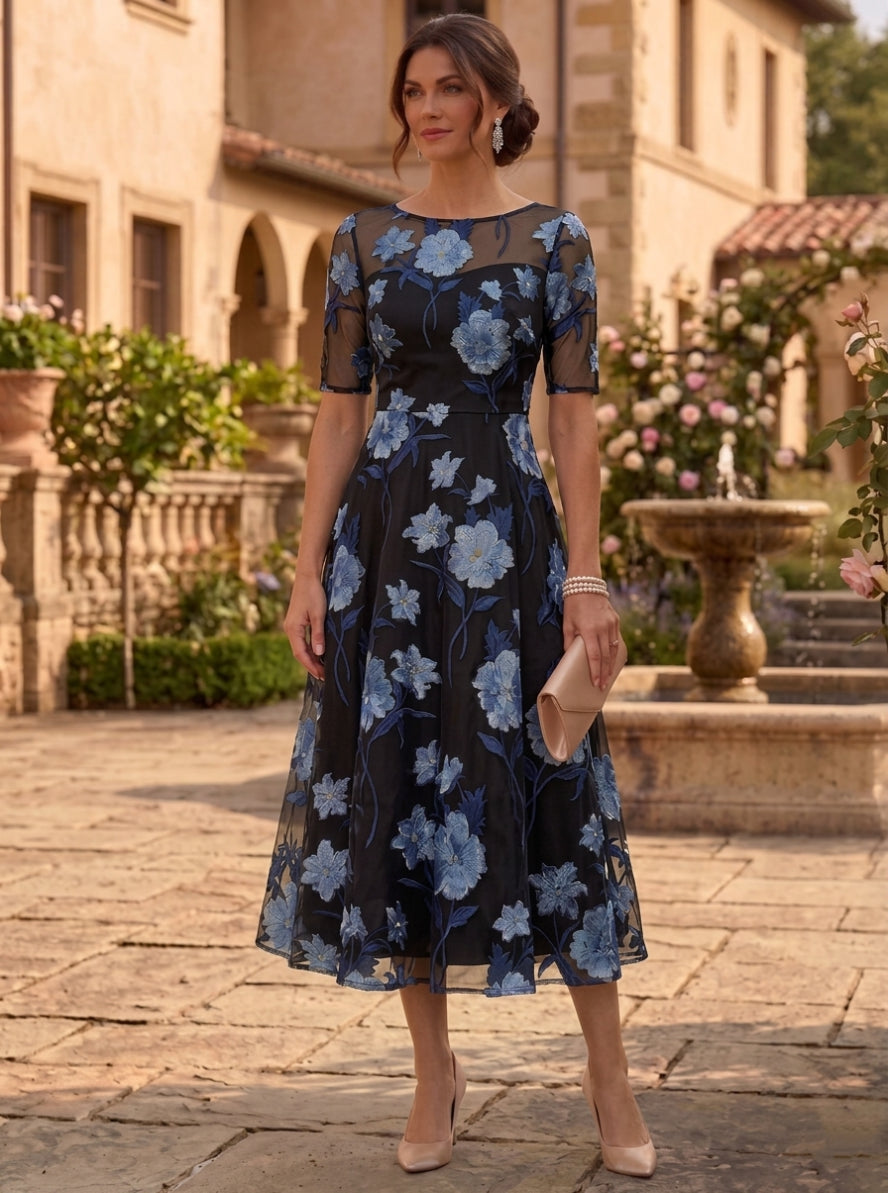 A-Line/Princess Scoop Chiffon Floral Mother of the Bride Dresses Tea-Length Short Sleeves