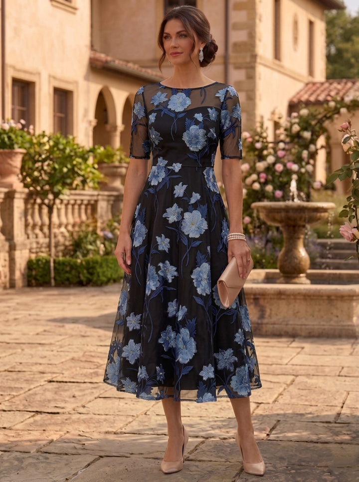 A-Line/Princess Scoop Chiffon Floral Mother of the Bride Dresses Tea-Length Short Sleeves