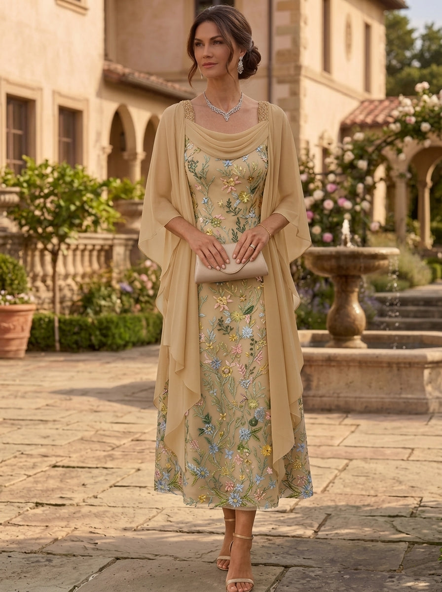 A-Line/Princess Square Collar Lace Embroidery Mother of the Bride Dresses Floral Tea-Length Cape Sleeves