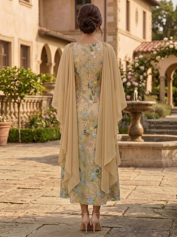 A-Line/Princess Square Collar Lace Embroidery Mother of the Bride Dresses Floral Tea-Length Cape Sleeves