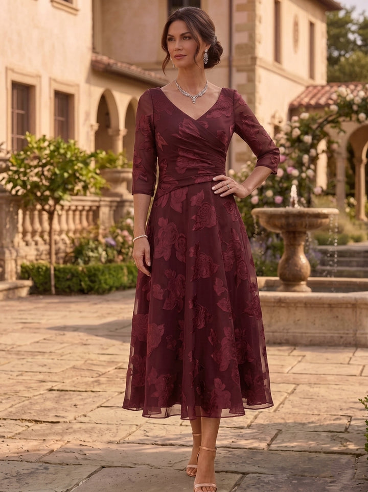 A-Line/Princess V-Neck Mother of the Bride Dresses Floral Burnout Tea-Length Ruched 3/4 Sleeves