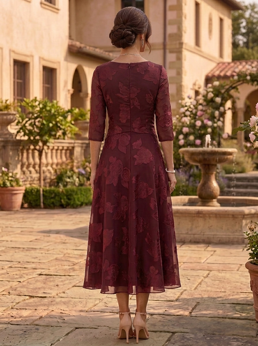 A-Line/Princess V-Neck Mother of the Bride Dresses Floral Burnout Tea-Length Ruched 3/4 Sleeves