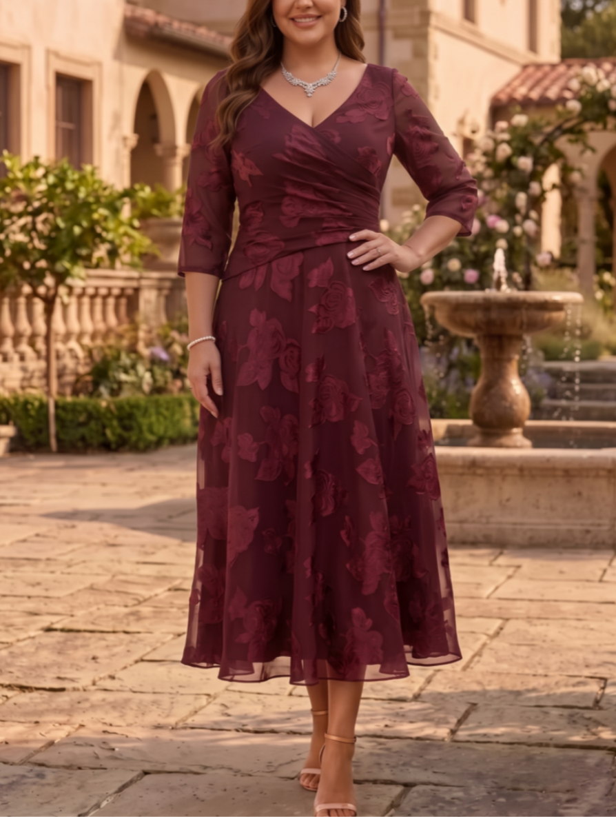 A-Line/Princess V-Neck Plus Size Mother of the Bride Dresses Floral Burnout Tea-Length Ruched 3/4 Sleeves