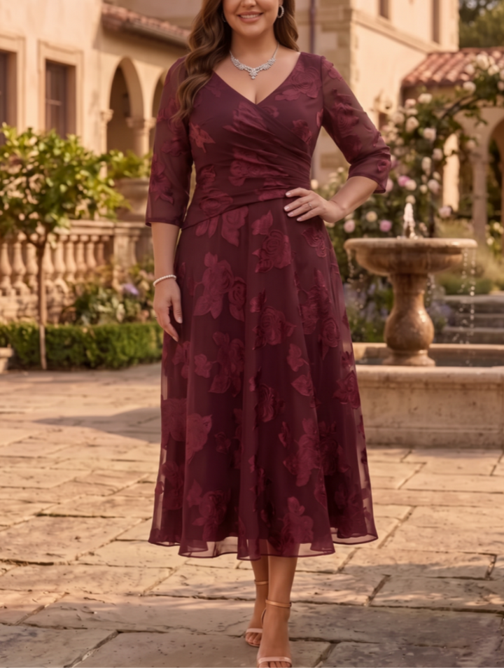 A-Line/Princess V-Neck Plus Size Mother of the Bride Dresses Floral Burnout Tea-Length Ruched 3/4 Sleeves