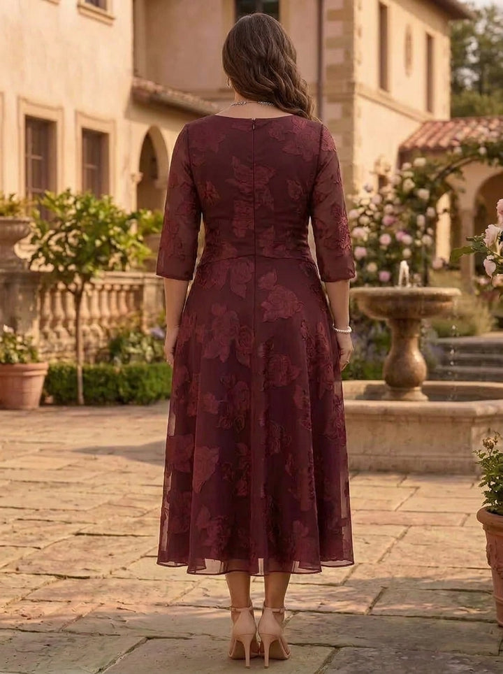 A-Line/Princess V-Neck Plus Size Mother of the Bride Dresses Floral Burnout Tea-Length Ruched 3/4 Sleeves