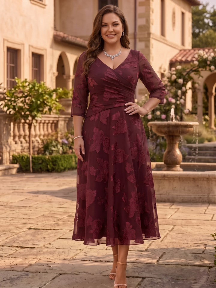 A-Line/Princess V-Neck Plus Size Mother of the Bride Dresses Floral Burnout Tea-Length Ruched 3/4 Sleeves