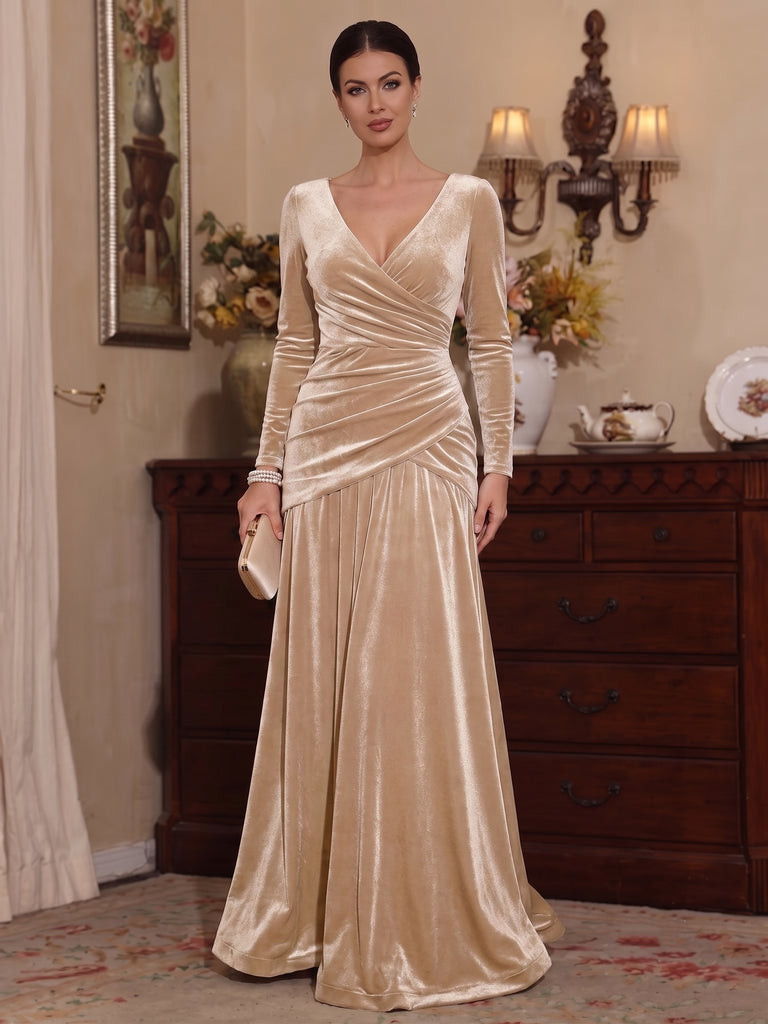A-Line/Princess V-Neck Velvet Mother of the Bride Dresses Long Sleeves