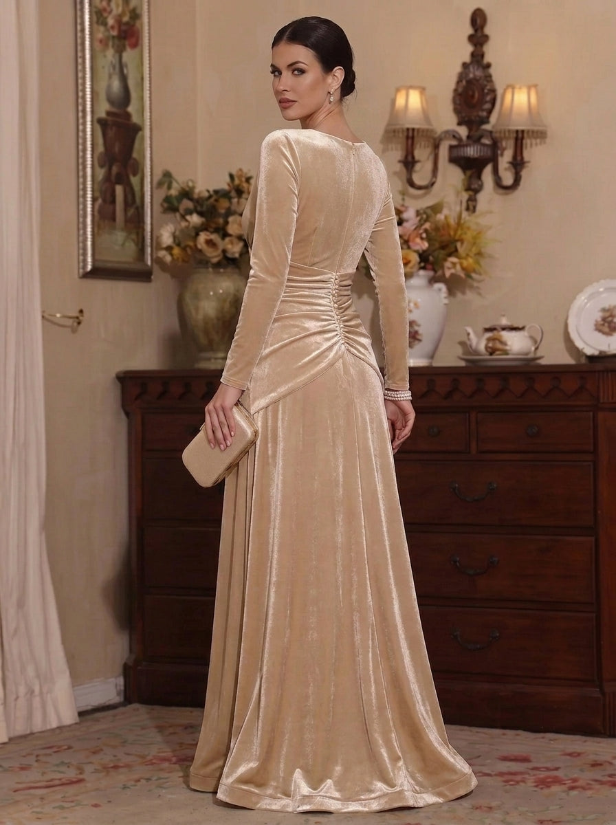 A-Line/Princess V-Neck Velvet Mother of the Bride Dresses Long Sleeves Floor-Length Ruched, Champagne