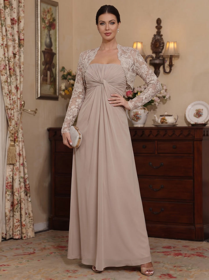 A-Line/Princess Strapless Chiffon Mother of the Bride Dresses with Lace Jacket Floor-Length Long Sleeves Ruched