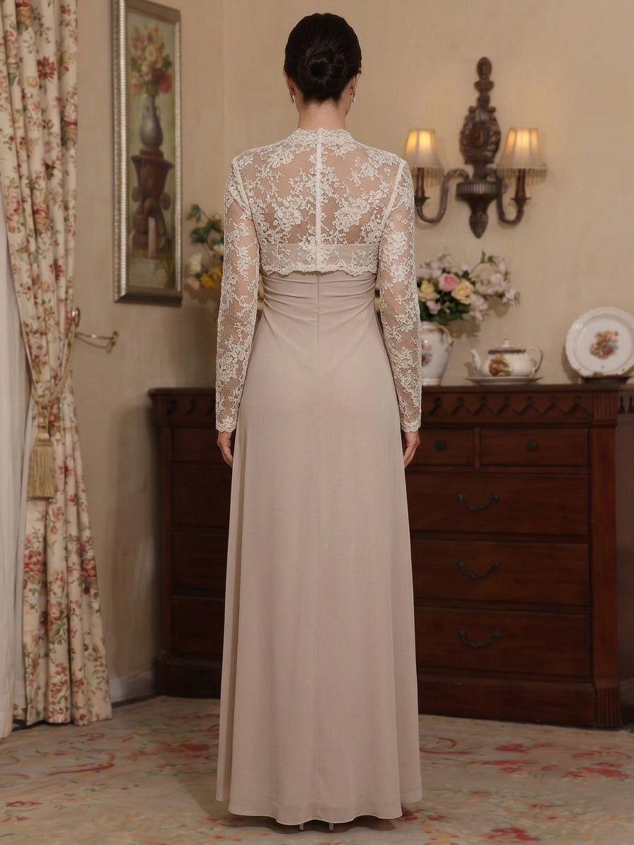 A-Line/Princess Strapless Chiffon Mother of the Bride Dresses with Lace Jacket Floor-Length Long Sleeves Ruched