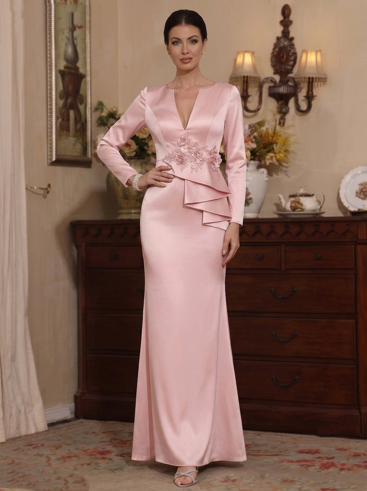 A-Line/Princess V-Neck Satin Mother of the Bride Dresses Floral Floor-Length Long Sleeves Ruffles