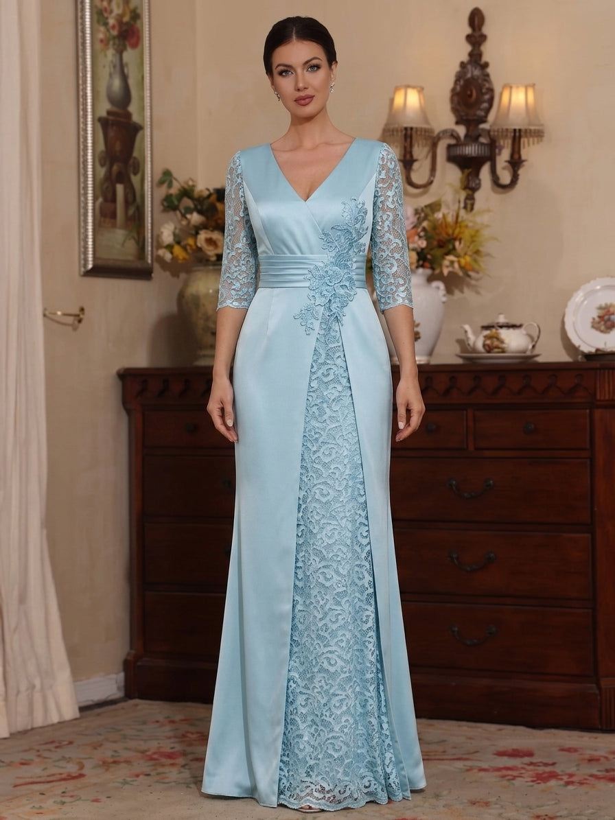 A-Line/Princess V-Neck Satin Mother of the Bride Dresses Lace Floral Floor-Length 3/4 Sleeves