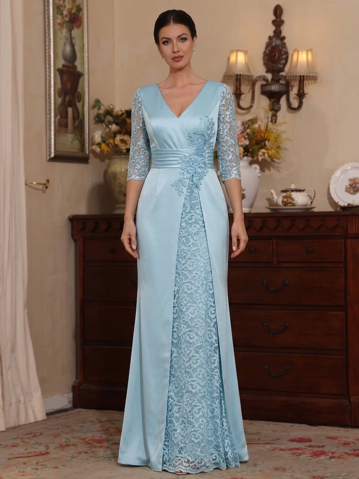 A-Line/Princess V-Neck Satin Mother of the Bride Dresses Lace Floral Floor-Length 3/4 Sleeves
