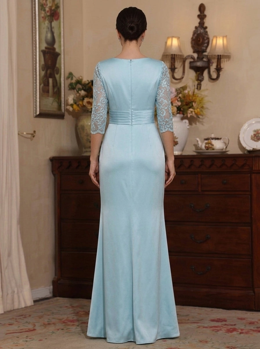 A-Line/Princess V-Neck Satin Mother of the Bride Dresses Lace Floral Floor-Length 3/4 Sleeves