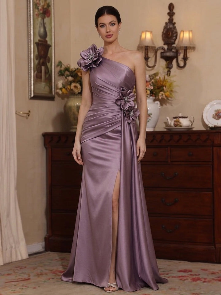 Sheath/Column One-Shoulder Satin Mother of the Bride Dresses with 3D Flower Floor-Length Split Side Sleeveless