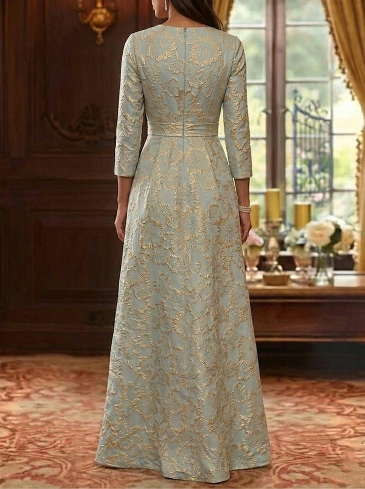 A-Line/Princess Scoop Jacquard Mother of the Bride Dresses with Split Side 3/4 Sleeves Floor-Length Floral Ruffles