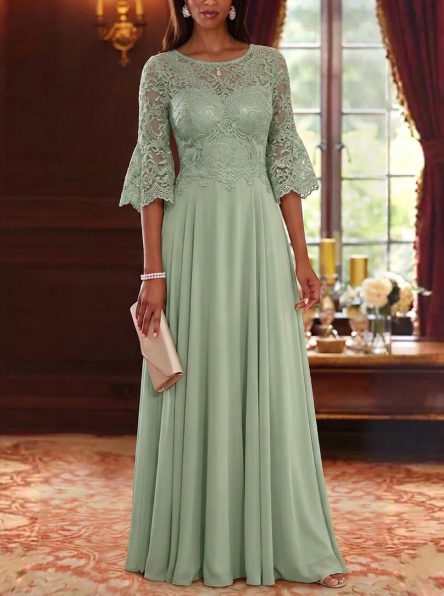 A-Line/Princess Scoop Chiffon Mother of the Bride Dresses Lace Floral Floor-Length 3/4 Sleeves