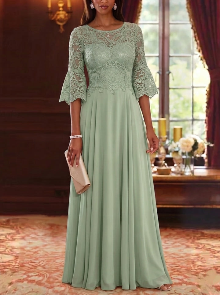 A-Line/Princess Scoop Chiffon Mother of the Bride Dresses Lace Floral Floor-Length 3/4 Sleeves