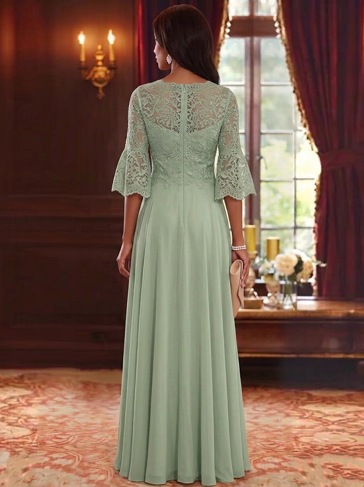 A-Line/Princess Scoop Chiffon Mother of the Bride Dresses Lace Floral Floor-Length 3/4 Sleeves