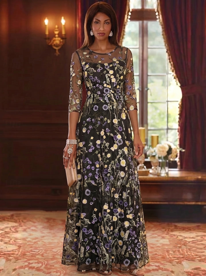 A-Line/Princess Scoop Lace Embroidery Mother of the Bride Dresses Floral 3/4 Sleeves Floor-Length