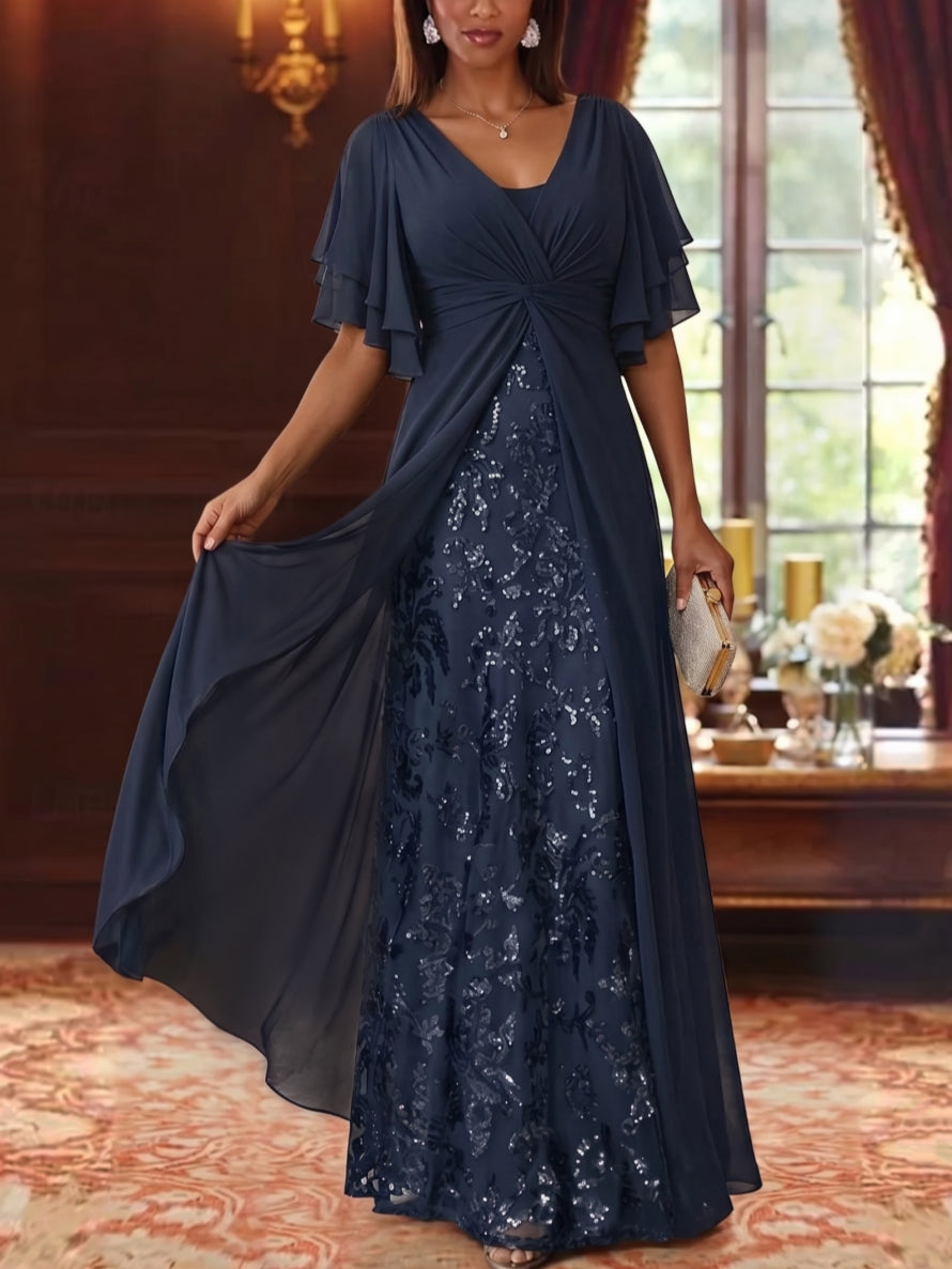 A-Line/Princess V-Neck Chiffon Mother of the Bride Dresses Sequins Floral Floor-Length Short Sleeves
