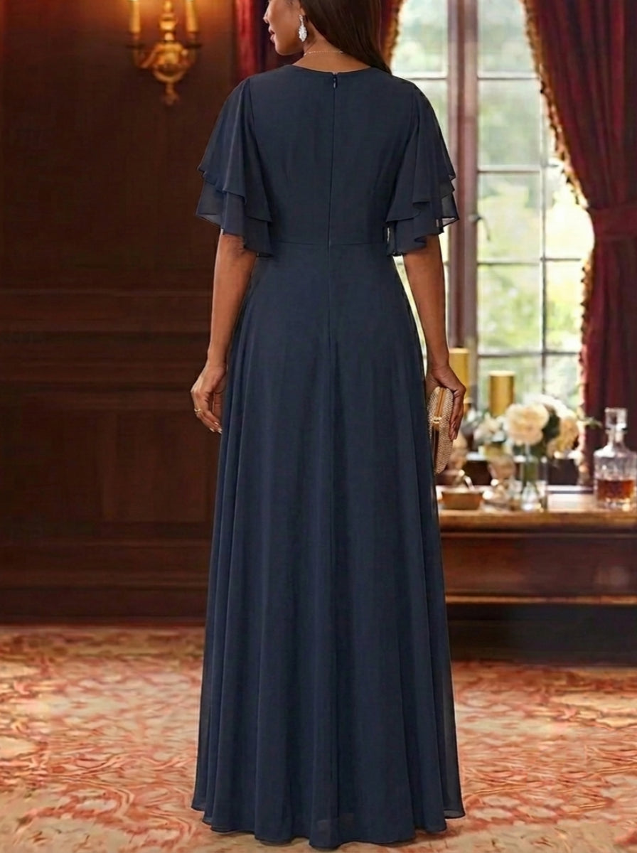 A-Line/Princess V-Neck Chiffon Mother of the Bride Dresses Sequins Floral Floor-Length Short Sleeves