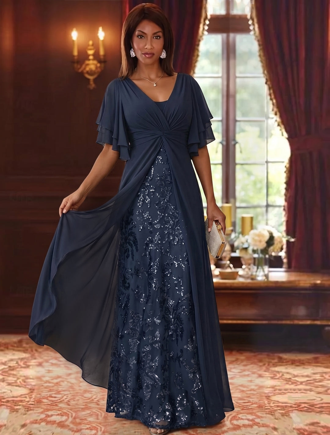 A-Line/Princess V-Neck Chiffon Mother of the Bride Dresses Sequins Floral Floor-Length Short Sleeves
