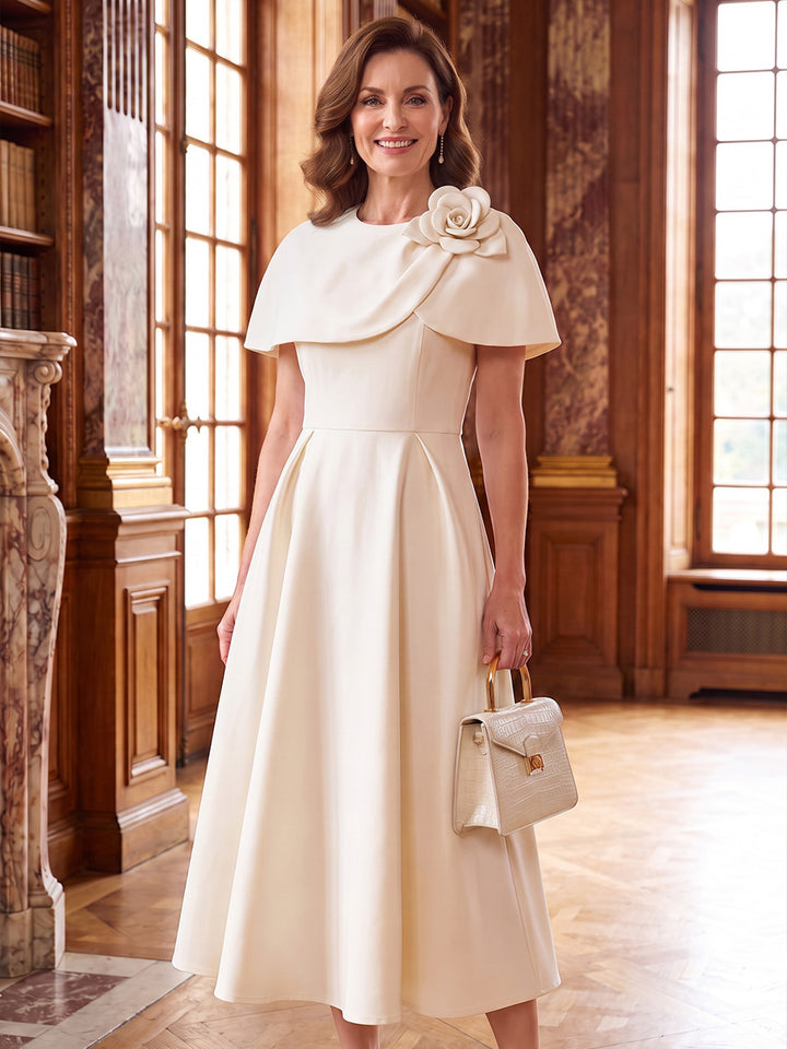 A-Line/Princess Scoop Stretch Satin Mother of the Bride Dresses Tea-Length Cape Sleeves 3D Flower